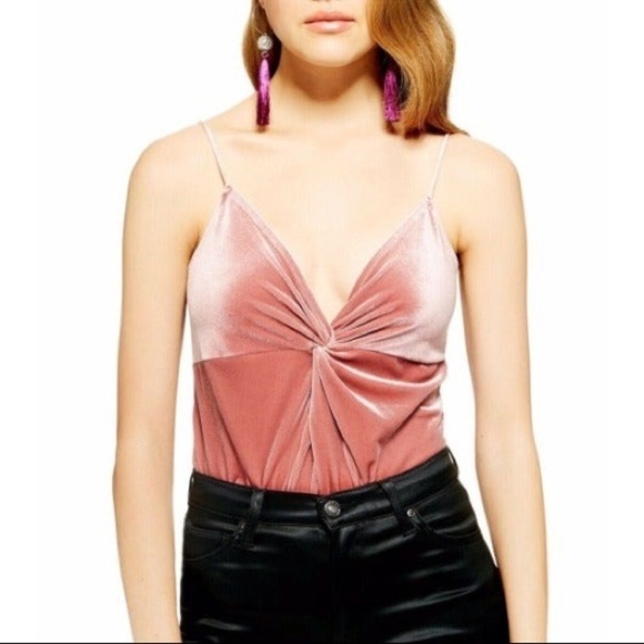 Topshop Dusty Rose Pink Velour Twist Front Bodysuit Size 8 - Picture 1 of 10
